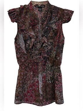 Antilia Femme Multi-Color Paisley Ruffle Cap-Sleeve Blouse